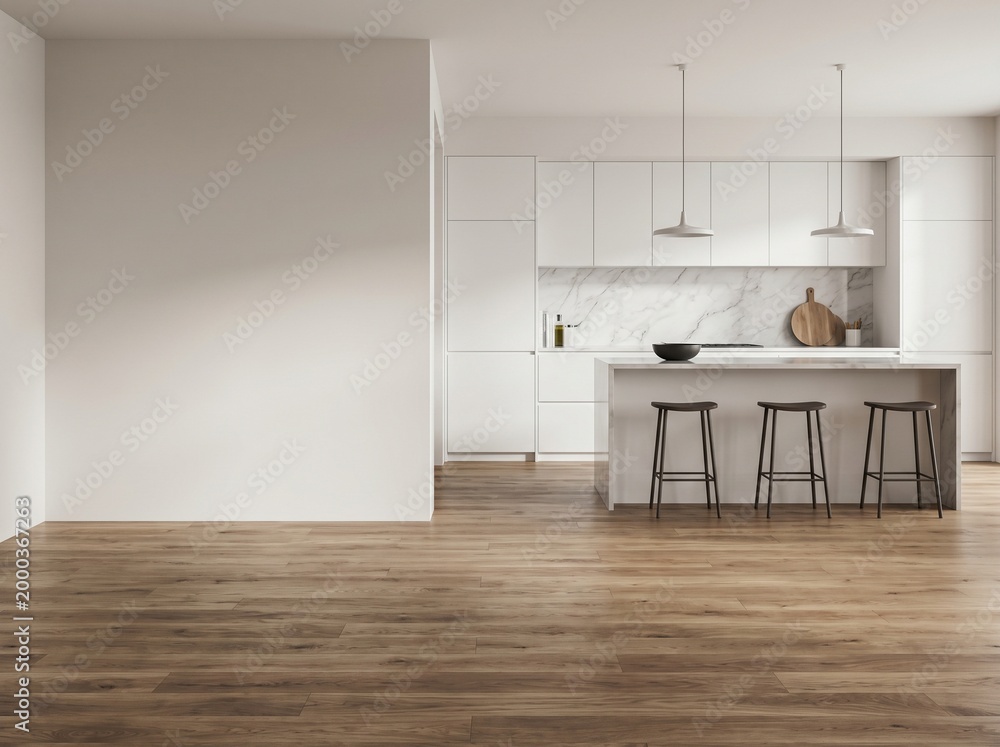 Fototapeta premium Modern minimalist white kitchen interior with marble backsplash island and wooden floor in bright open space