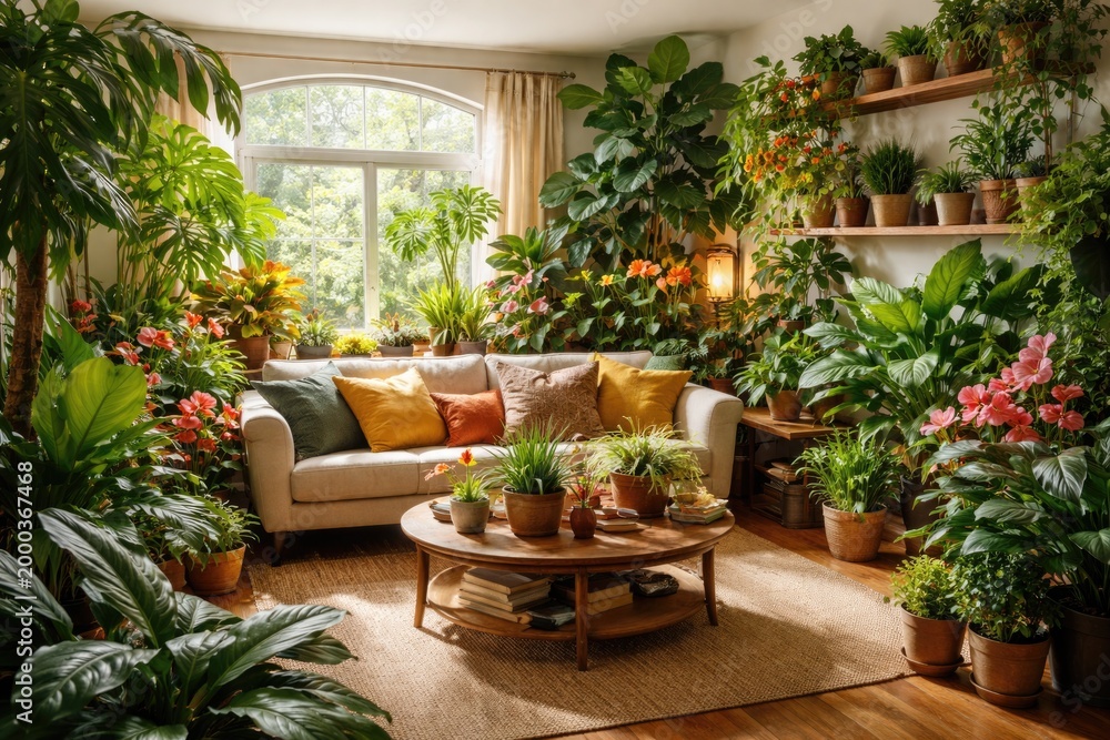 Fototapeta premium Indoor gardening charm in a comfortable living room filled with colorful greenery
