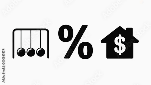 Business finance and real estate icons with newton cradle percentage and house with dollar sign
