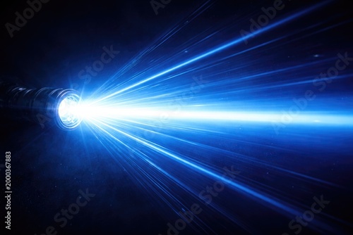 Intense blue beam with radiant streaks and light flare from flashlight