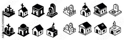 Cemetery icons with tombstone chapel grave isometric