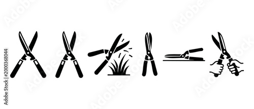 Hedge Shears Icon Set Garden Pruning Tools for Landscaping and Grass Trimming Vector Illustration Black Silhouette Symbols Isolated on White Background for Professional Yard Maintenance Equipment