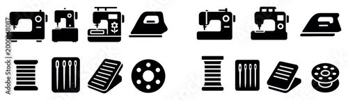 Sewing icons with machine spool needle silhouette bold