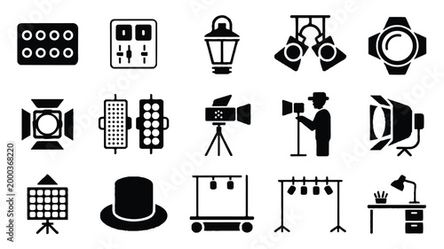 Collection of film and theater lighting equipment icons on white background