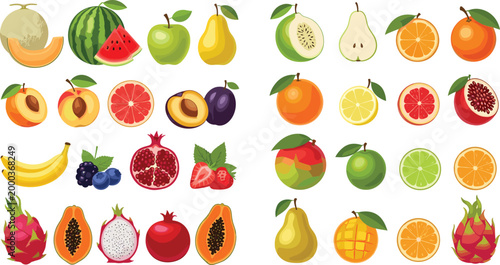 Colorful assortment of fresh fruit icons featuring citrus tropical berries and orchard varieties flat vector collection for healthy food nutrition and diet design