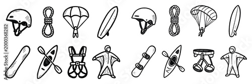 Adventure icons with helmet parachute surfboard hand drawn