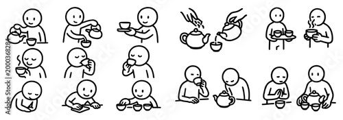 Tea icons with cup teapot person simple outline