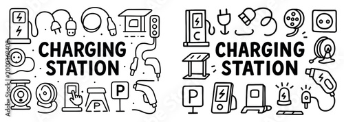 Electric charging icons with plug cable charger outline