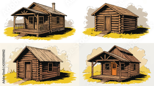 collection of log cabins with different porch and door styles