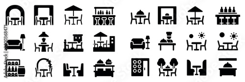 Restaurant icons with table chair umbrella minimal
