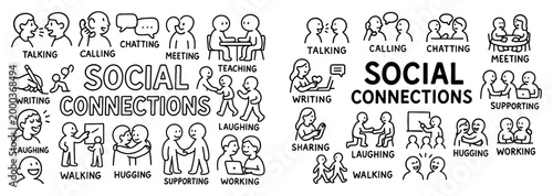 Social icons with talking hugging meeting outline