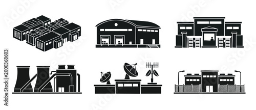 Industrial building icons set, logistics warehouse and power plant silhouettes, modern factory infrastructure, engineering facilities and utility centers, architectural black signs for map or web desi