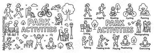 Park icons with people bench tree outline