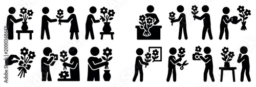 Flower care icons with person bouquet vase minimal