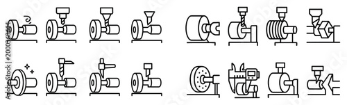 Industrial icons with lathe drill grinder outline