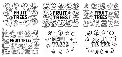 Black and white fruit trees icons collection