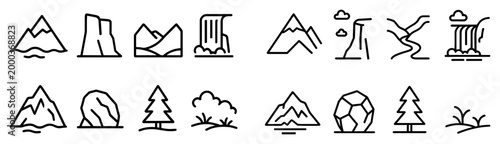 Nature landscape icons with mountain tree waterfall outline