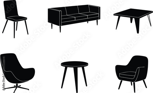 Modern black furniture set including sofa, chairs, table, and side table in minimalist style isolated on white background, Vector, illustration