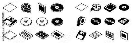 Media icons with disc tape floppy outline