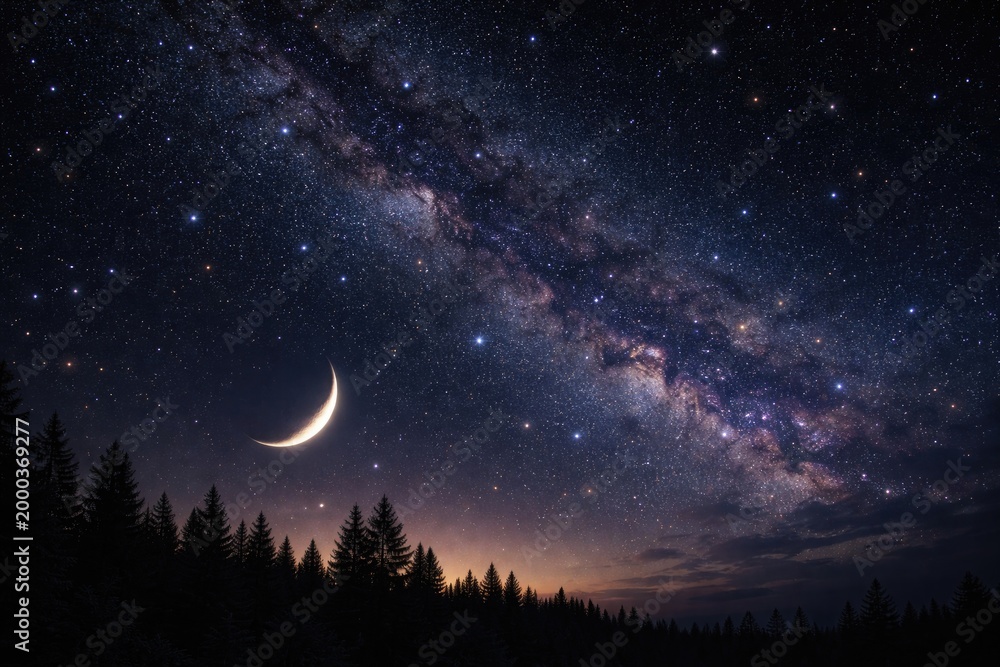 Fototapeta premium Celestial sky displaying numerous stars and a slim crescent moon
