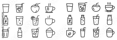 Beverage icons with cup bottle glass minimal outline