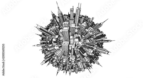A vector illustration of a futuristic cityscape with skyscrapers and buildings densely packed in a circular pattern resembling a planet or globe from an aerial view.