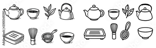 Tea icons with kettle cup whisk handdrawn