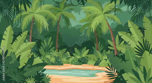 A serene vector illustration of a tropical island scene with palm trees and a sandy beach.