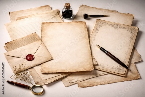 group of retro style writing papers on a white surface with individual detailed images
