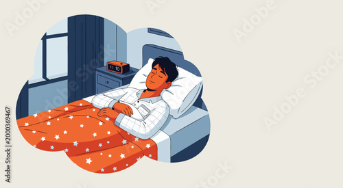 Peaceful vector illustration of a man sleeping soundly in his cozy bedroom, depicting relaxation and a calm morning or night routine