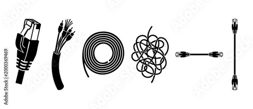 Ethernet cable icons set collection for network connectivity and internet data transfer. Digital communication hardware vector illustrations showing straight, coiled, and tangled cable connection wire