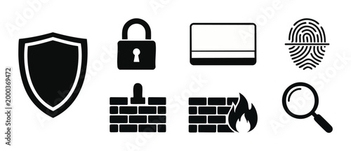 Cyber Security Icons Set Shield Padlock Credit Card Fingerprint Firewall Magnifier. Digital Data Protection and Internet Safety Vector Symbols for Web UI, Application Privacy and Information Verificat