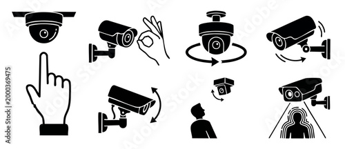 Security Camera Icon Set, CCTV Surveillance System Vector Symbols for Monitoring and Protection, Digital Privacy Control, Motion Detection, Dome and Bullet Cams, Smart Home Safety Interface Graphics