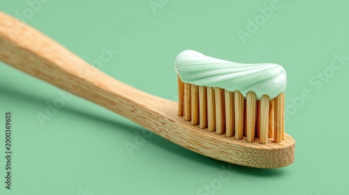amboo Toothbrush with Toothpaste on Mint Green Background