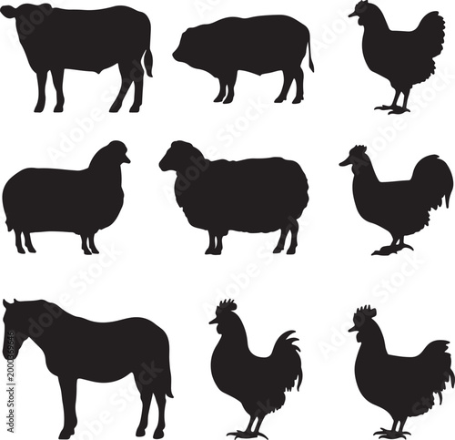 Black farm animals and roosters silhouette set