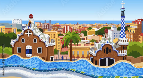 Vector illustration of Barcelona's coastal cityscape with wave and buildings