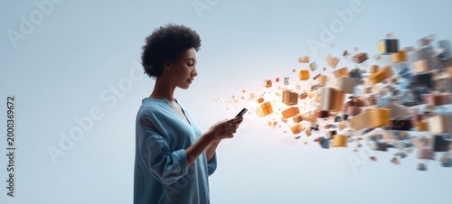 Person Holding Smartphone in Minimal Space Amid Dynamic E-Commerce Explosion, Floating Product Icons, Delivery Boxes and Logistics Flow, Modern Online Shopping Concept