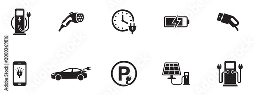 Electric vehicle charging station and green energy icon set. EV car charger, battery level, solar power and eco transport symbols. Vector illustration.