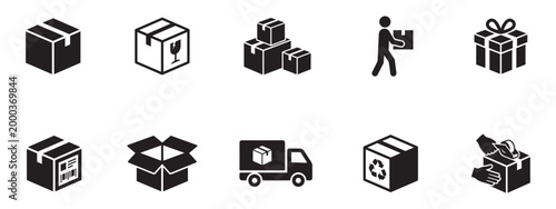 Logistics, delivery and packaging icon set. Cardboard box, shipping service, warehouse and fragile cargo symbols. Vector illustration.