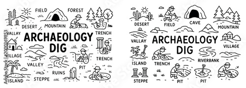 Archaeology icons with trench trowel ruins hand drawn style