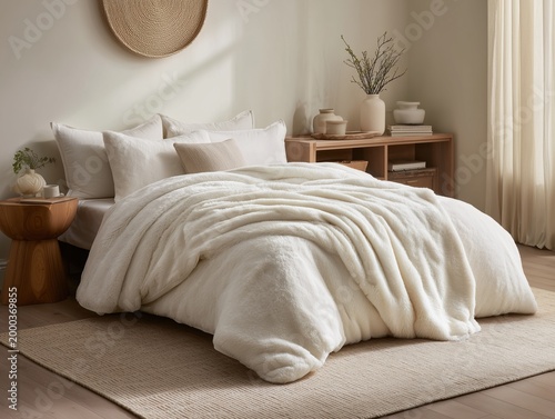Cozy Minimal Bedroom Interior with Soft White Blanket