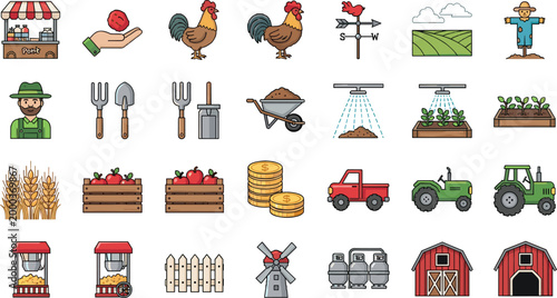 Set of farming and agriculture icons including tractor barn crops animals tools and market elements flat vector collection for rural farm and harvest design