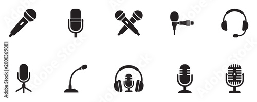 Microphone, podcast and audio equipment icon set. Sound recording, music studio, broadcasting and vocal performance symbols. Vector illustration.