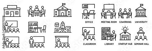 Education icons with school building classroom outline