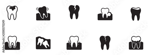 Dental care and tooth problem icon set. Dentistry, oral hygiene and stomatology silhouettes. Vector Illustration.