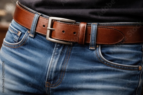 Detailed image of casual denim jeans accessorized by smooth leather belt