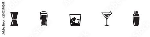 Bar and cocktail equipment icon set. Bartender tools, drink glassware and shaker silhouettes. Vector Illustration.