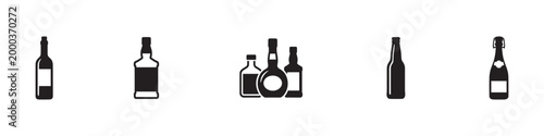 Alcohol and liquor bottle icon set. Spirits, wine and beer beverage silhouettes. Vector Illustration.