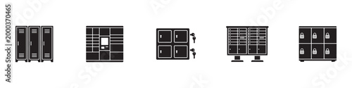 Storage Lockers and Automated Parcel Station Icon Set. Public Storage, School Lockers and Mailroom Symbols. Vector Illustration.