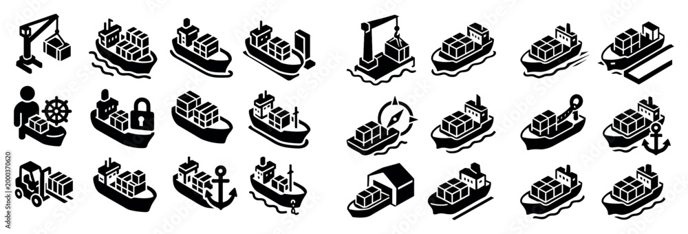 Fototapeta premium Shipping icons with crane ship container isometric